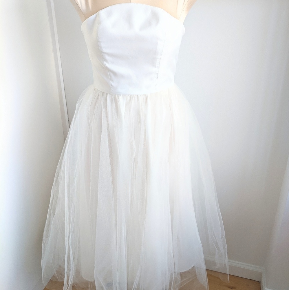 White ivory tulle tea length short dress